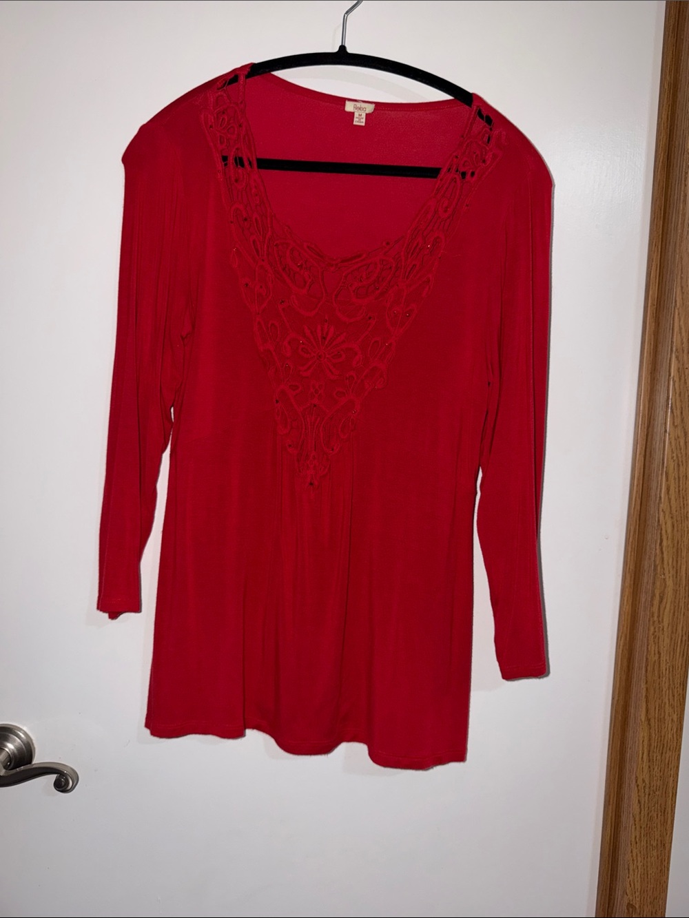 Reba Red Long Sleeve V-Neck Top with‎ Crochet Detail